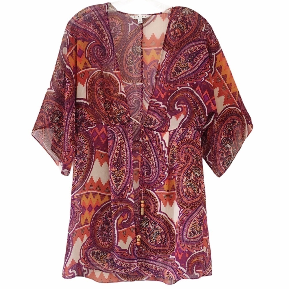 CABI Kimono Sleeve Red Paisley Toe Front Cardigan Shrug Top Size Medium